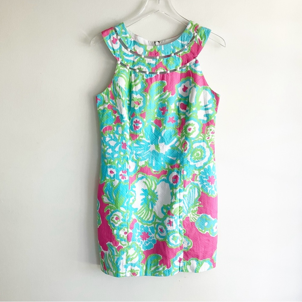 Lilly Pulitzer Lindy Dress Pink A Delicacy Size 6 Floral Print Beaded Yoke Shift